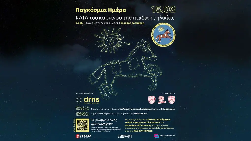 site-2167324f Ολυμπιακός φιλικός αγώνας στο ΣΕΦ για την Παγκόσμια Ημέρα κατά του Παιδικού Καρκίνου με 200 drones