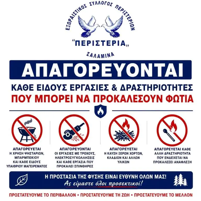 pyroprostasia Σαλαμίνα: Έκκληση του Συλλόγου Περιστεριών για αυστηρή τήρηση μέτρων πυροπροστασίας