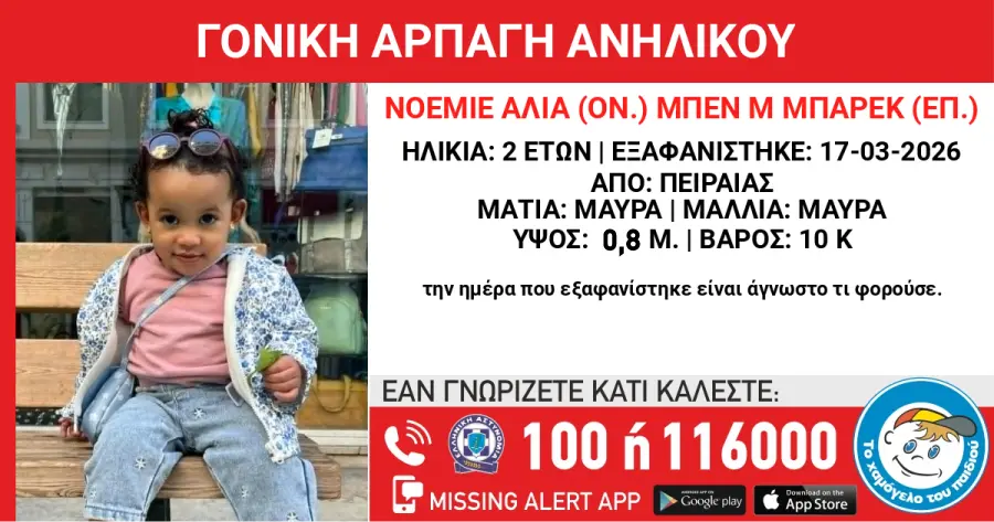 εξαφάνιση 2χρονης Πειραιάς