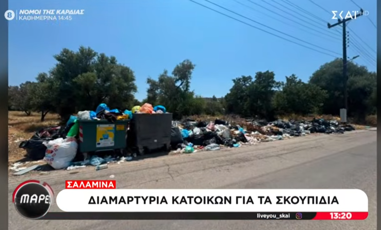 Σωροί σκουπιδιών σε κάδους στη Σαλαμίνα