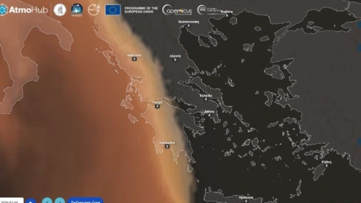 Χάρτης πρόγνωσης σαχαριανής σκόνης πάνω από την Ελλάδα από το AtmoHub